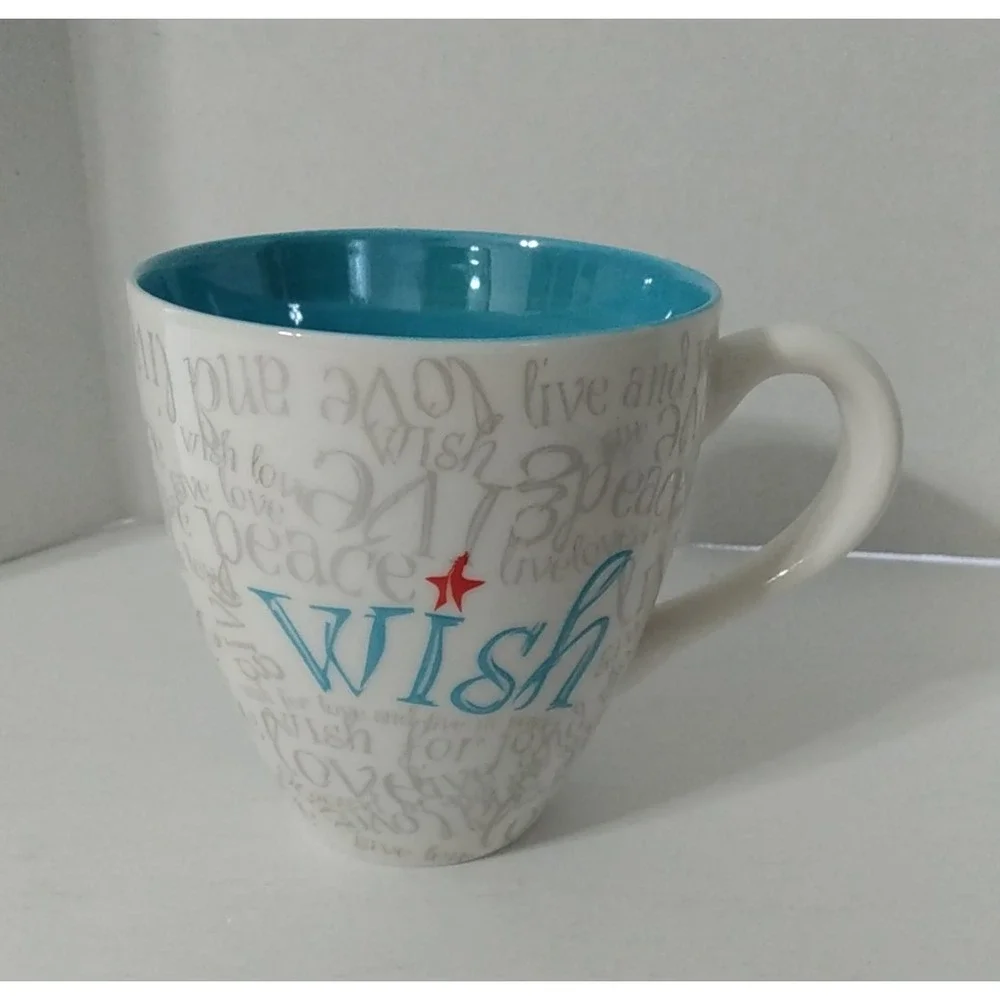 Starbucks 2005 Christmas Wish Holiday white teal gray Peace Live Love Coffee Mug